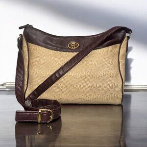 VTG Etienne Aigner Purse Beige Woven Oxblood Leather Trim Shoulder Bag 90s Y2K